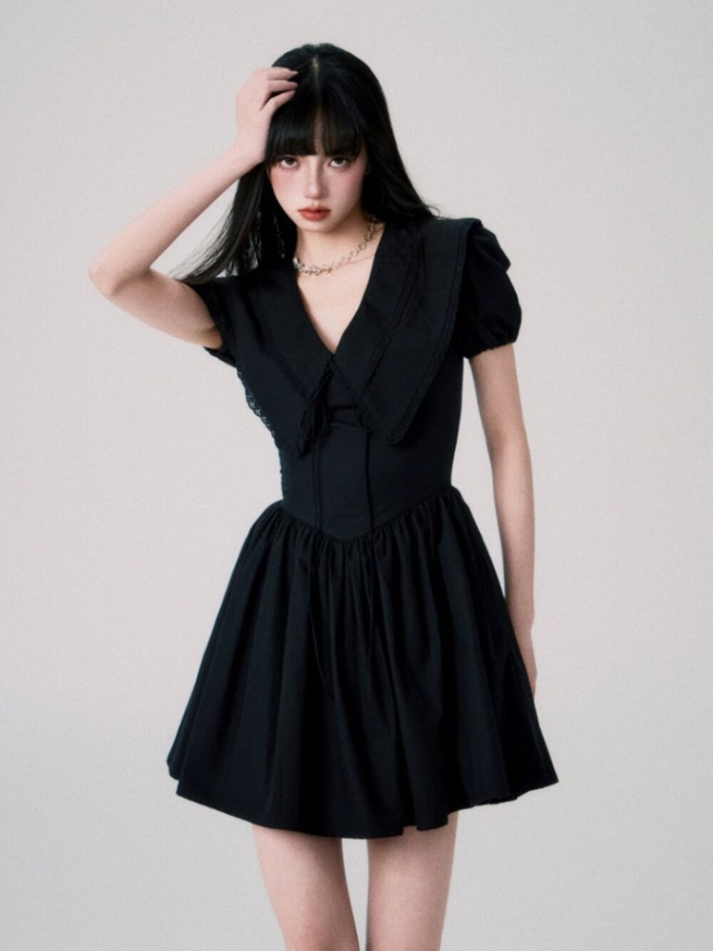 Luluswings Babydoll Sailor Collar Puff Sleeve Mini Dress in Black